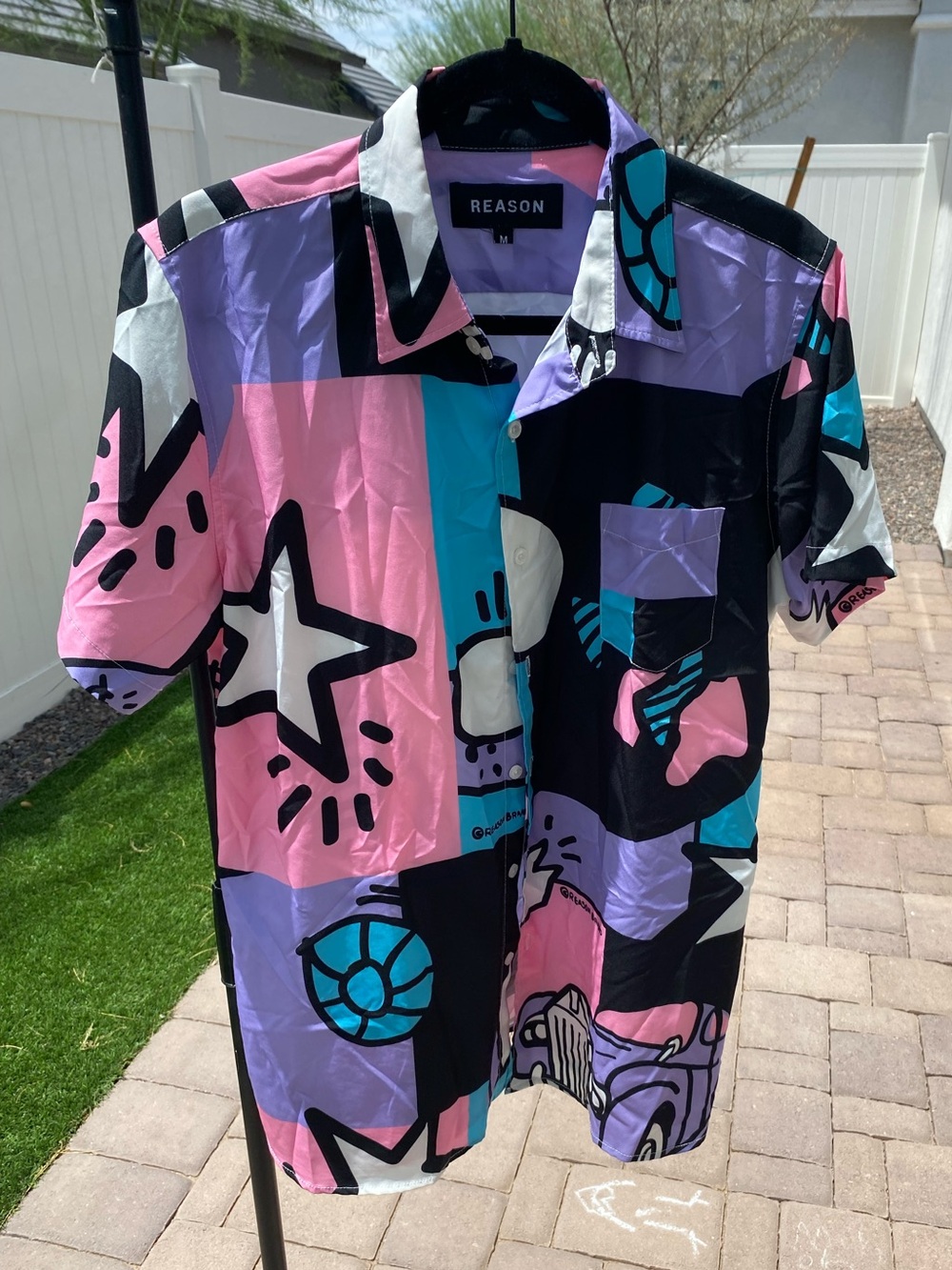 Reason Multicolor Graphic Button-Down Shirt - Pink, Purple, Blue, Black, White